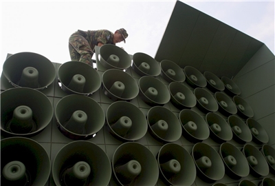 南韓軍方軍事分界線一帶的對北韓心戰喊話擴音器廣播設施。 (路透社/達志影像)(資料照)