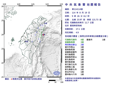 中央氣象署發布台灣東部海域在今天(19日)上午9時26分地震報告。(中央氣象署提供)