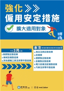 勞動部今天(13日)公告強化版僱用安定措施，擴大適用9大行業，時間回溯至8月1日，符合資格的減班休息勞工，最長可獲得6個月薪資差額補貼。（勞動部提供）