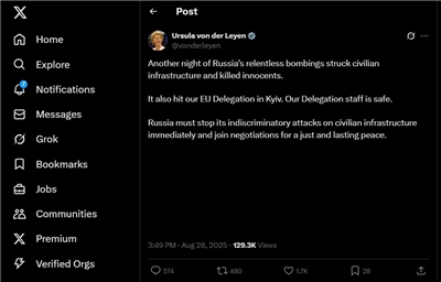 歐盟執委會主席范德賴恩28日發文，呼籲俄羅斯「加入談判以邁向公正持久的和平」。(翻攝范德賴恩社群平台X)