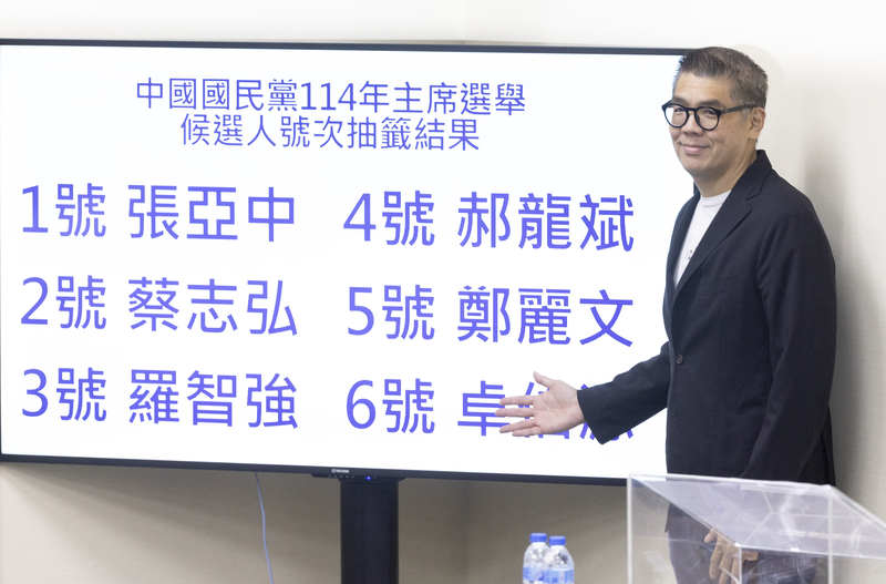 國民黨中央黨部20日上午進行114年主席選舉候選人號次抽籤，國民黨副主席連勝文於抽籤完畢後向媒體展示抽籤結果。