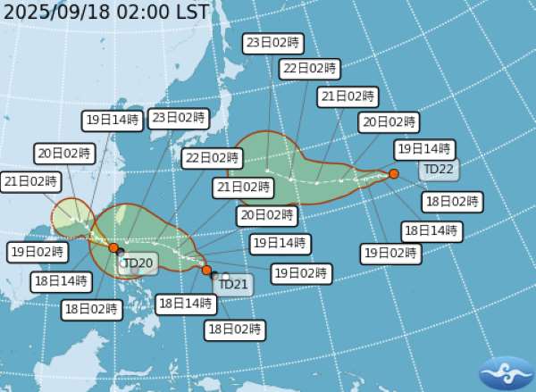 第20、21號熱帶低壓18日可能增強為颱風，依順序各命名為颱風米塔、樺加沙。氣象專家吳德榮今天說，根據模式模擬，估計颱風樺加沙將增強為中颱以上並挾強風豪雨，23、24日台灣東半部須防大量降雨。(圖:交通部中央氣象署)
