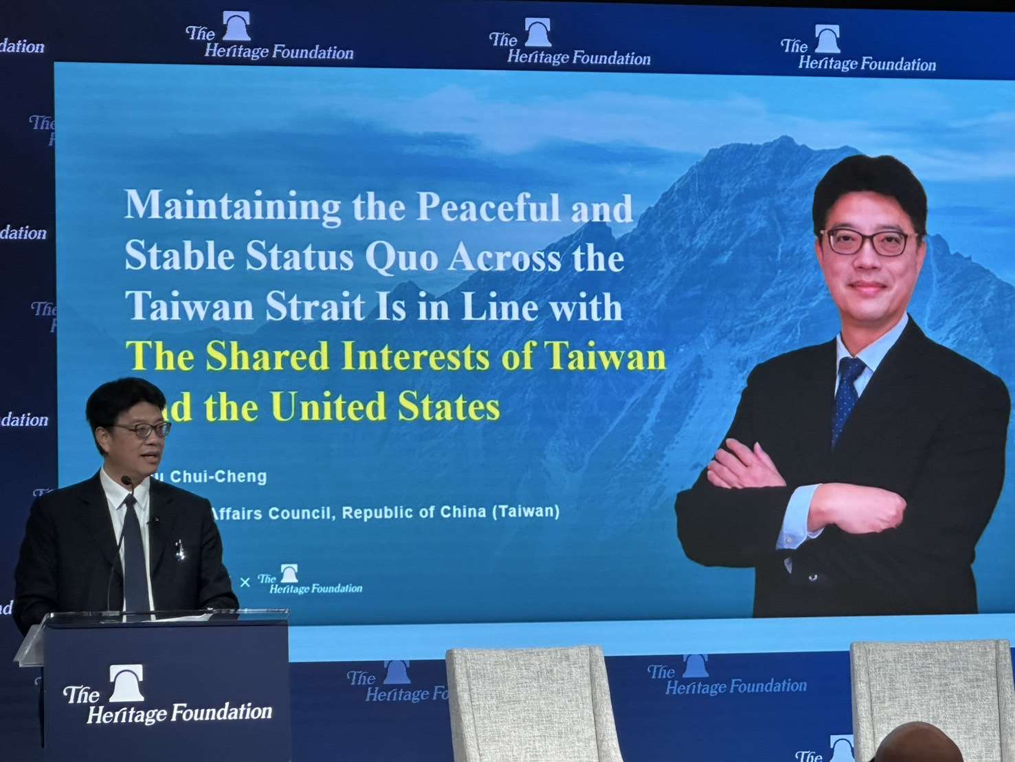 陸委會主委邱垂正日前赴美訪問並在華府「傳統基金會」座談會發表專題演講。(陸委會提供)