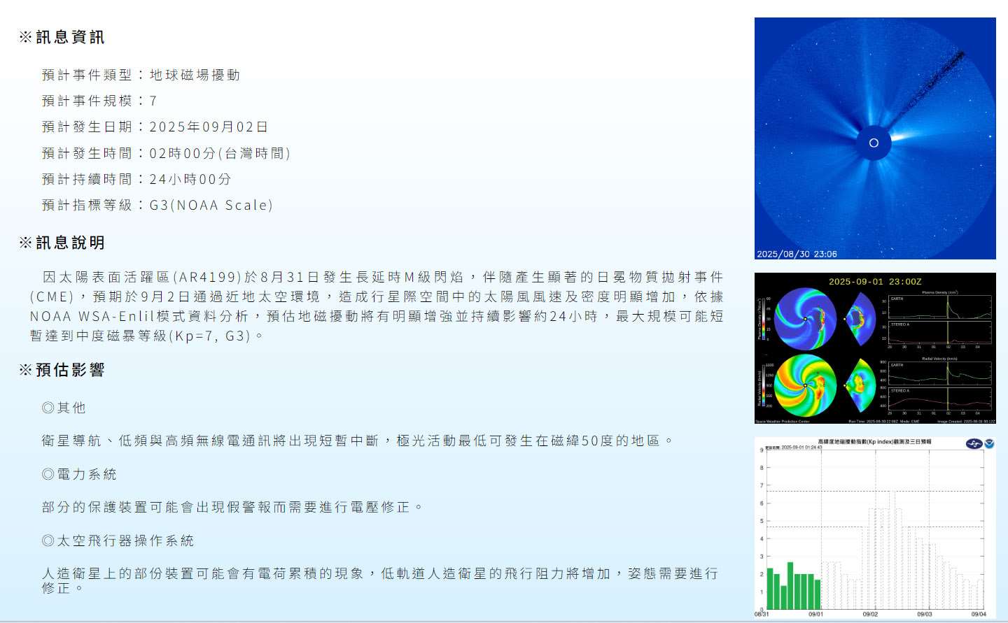 中央氣象署1日發布地球磁場擾動示警，預估最大規模可能短暫達到中度磁暴等級。(翻攝氣象署官網)
