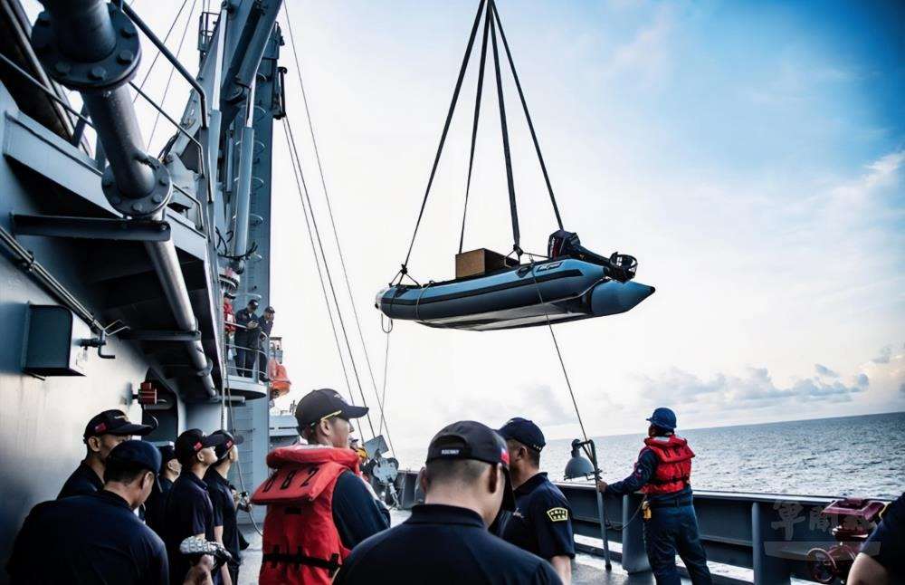 海軍114年敦睦遠航訓練支隊日前航抵南沙太平島。圖為支隊官兵首先完成勘查前整備，並完成小艇施放。(軍聞社提供)