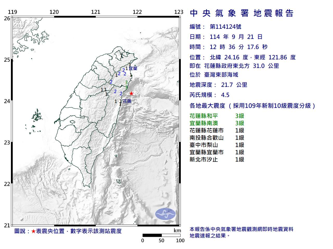 根據中央氣象署最新資訊，21日中午12時36分發生芮氏規模4.5地震。(圖：氣象署)