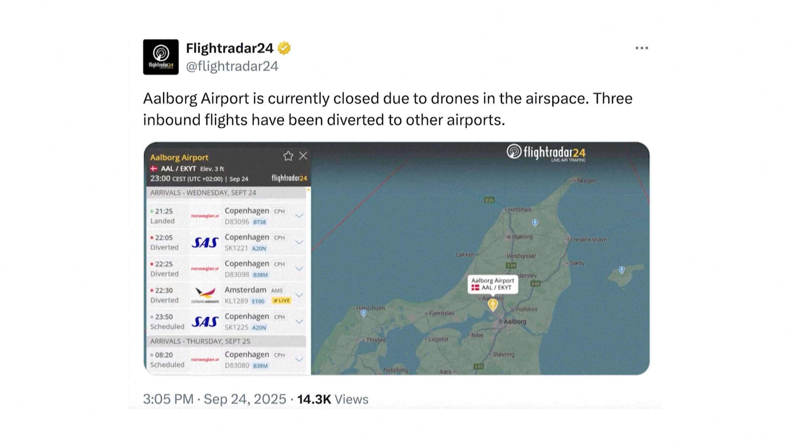 丹麥阿爾堡機場（Aalborg airport)因機場空域出現無人機暫時關閉。