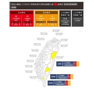 颱風樺加沙逼近，農業部農村發展及水土保持署22日午後發布62條土石流潛勢溪流黃色警戒。(圖擷自農業部農村發展及水土保持署)