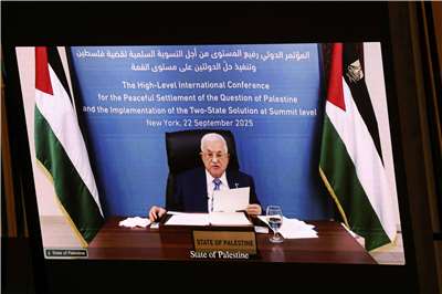 巴勒斯坦自治政府主席阿巴斯(Mahmoud Abbas)透過視訊方式，在聯合國大會(UN General Assembly)上向各國領袖發表演說。資料照。(法新社)