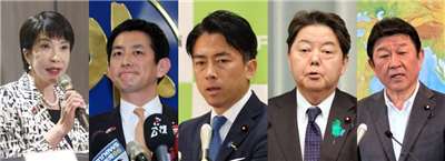日本自民黨將角逐黨主席大位候選人。左起：高市早苗、小林鷹之、小泉進次郎、林芳正、茂木敏充。(圖:中央社、AFP/央廣合成)
