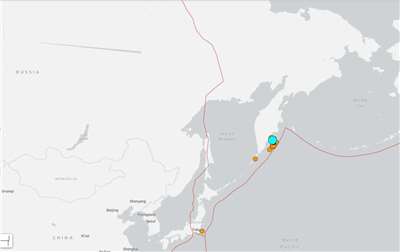 俄羅斯遠東地區的堪察加半島(Kamchatka Peninsula)海域19日凌晨發生規模7.8強震。(翻攝USGS官網)