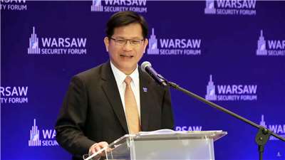 外交部長林佳龍29日出席華沙安全論壇(WSF)並發表演說。(翻攝Warsaw Security Forum YouTube)