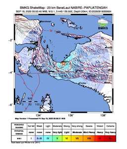 印尼中巴布亞省(Central Papua)19日清晨發生規模6.1的淺層地震。(翻攝BMKG官網)