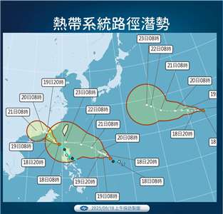 目前在菲律賓、關島及太平洋上分別有3個熱帶性低氣壓TD20、21、22將先後增強為颱風。(氣象署提供)
