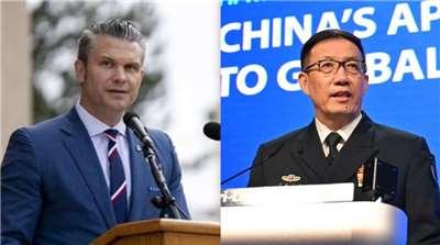 中國國防部長董軍(右)與美國國防部長赫格塞斯(Pete Hegseth)(左)。(資料合成圖/AFP/美國國防部)