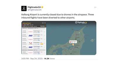 丹麥阿爾堡機場（Aalborg airport)2025年9月24日因機場空域出現無人機暫時關閉。