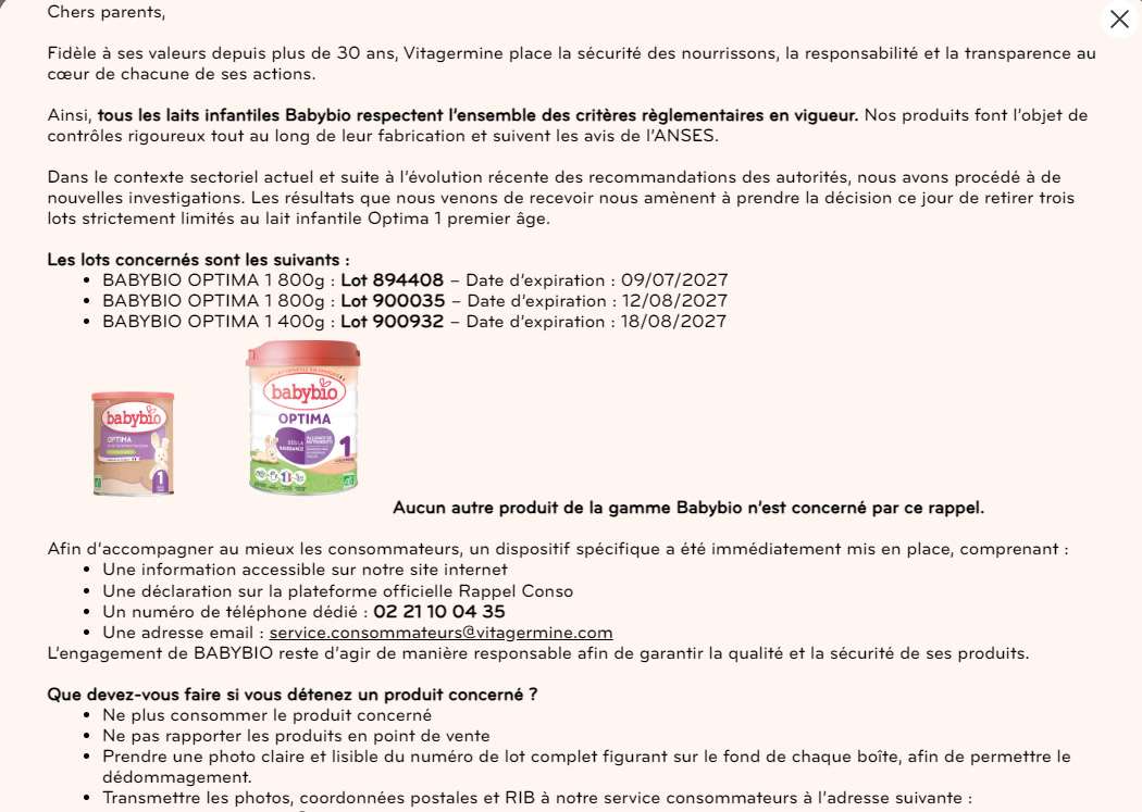 法國嬰兒食品「貝優(Babybio)」25日在官網公告，決定召回Optima 1系列3款新生兒配方奶粉。(翻攝Babybio官網)