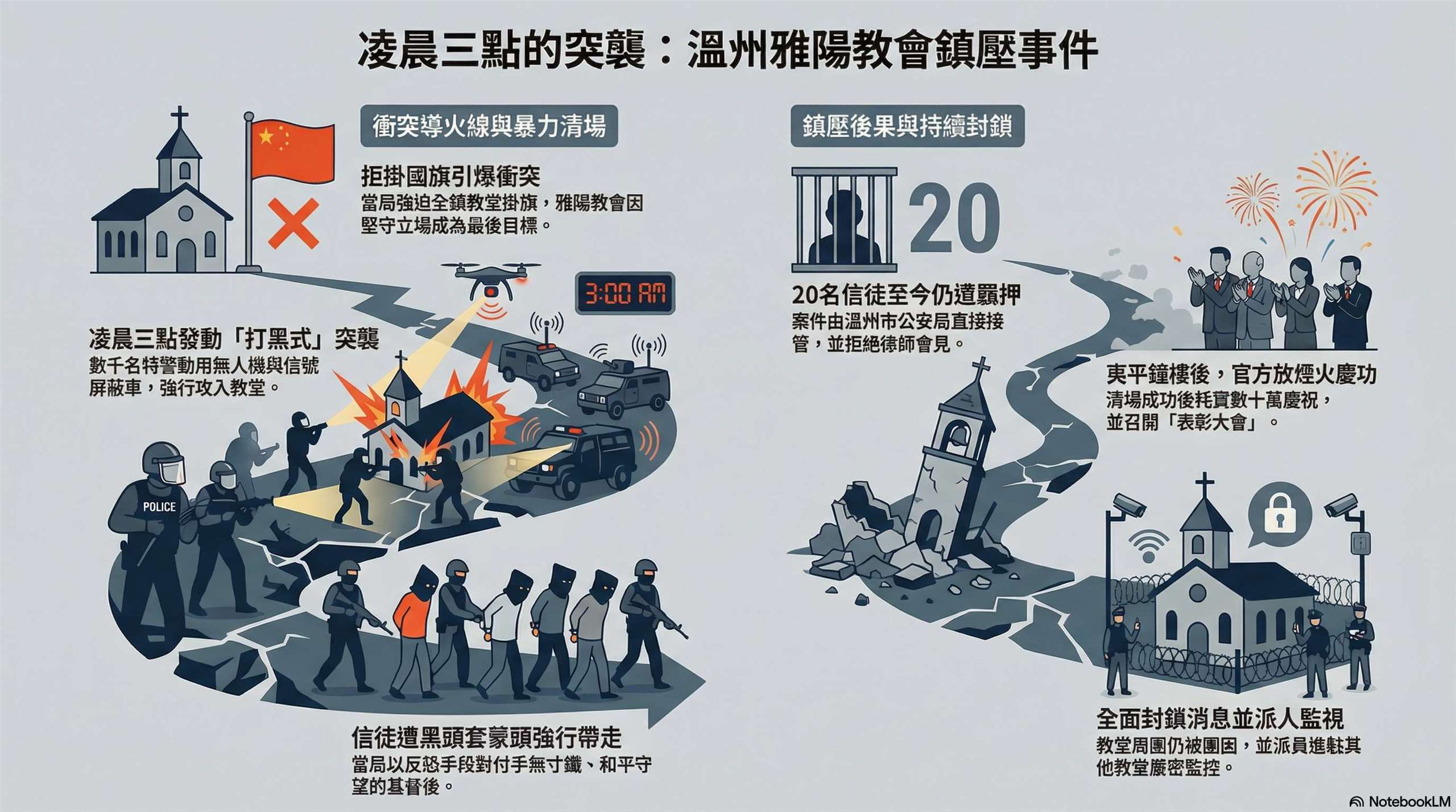 拒絕中共插紅旗 溫州雅陽教會遭警強攻信徒被捕教堂成廢墟(AI 生成)