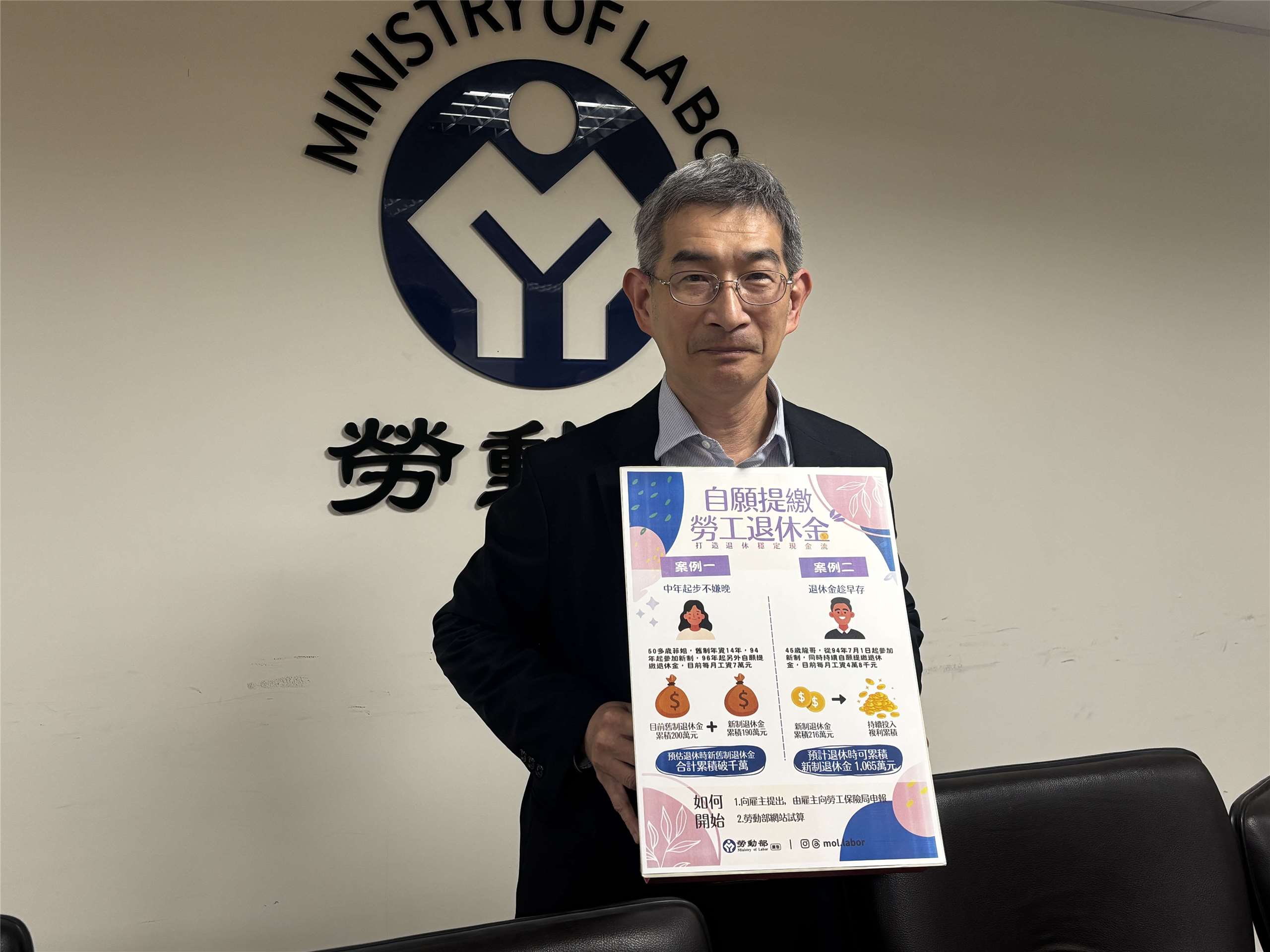 勞動部勞動福祉退休司司長黃維琛指出，去年前10月自提勞退人數暴增近15萬創新高。(楊文君 攝)