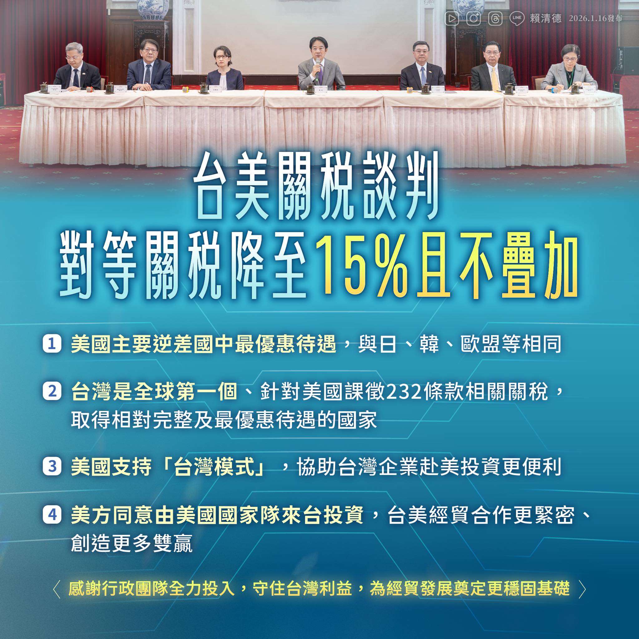 台美對等關稅談判已取得具體且正向進展。(圖 : 賴清德總統臉書)