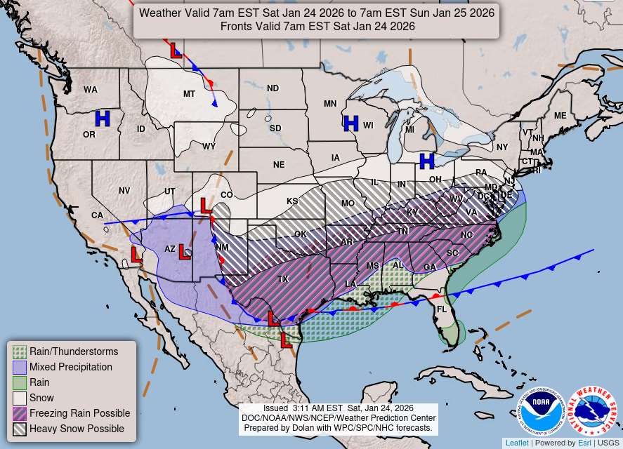 美國國家氣象局表示，從德州(Texas)東部延伸至北卡羅來納州(North Carolina)地帶，恐遭遇「災難性」冰雨侵襲，災害程度可能不亞於颶風。(翻攝美國國家氣象局官網)