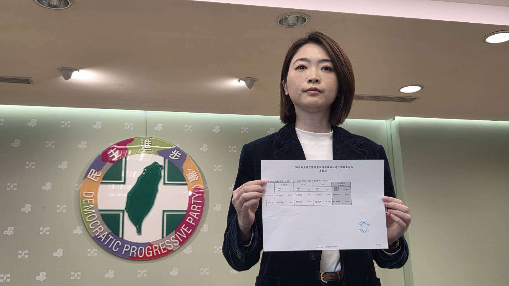 民進黨發言人韓瑩宣布民進黨2026嘉義縣長初選民調結果（劉玉秋攝）