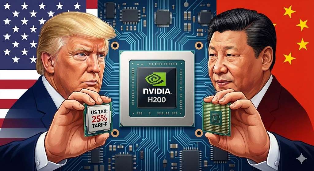 川普上個月表示，他和中國國家主席習近平達成了一項協議，允許美國晶片巨擘輝達向中國出口H200晶片，美國政府則可自銷售中抽成25%。(AI製圖)