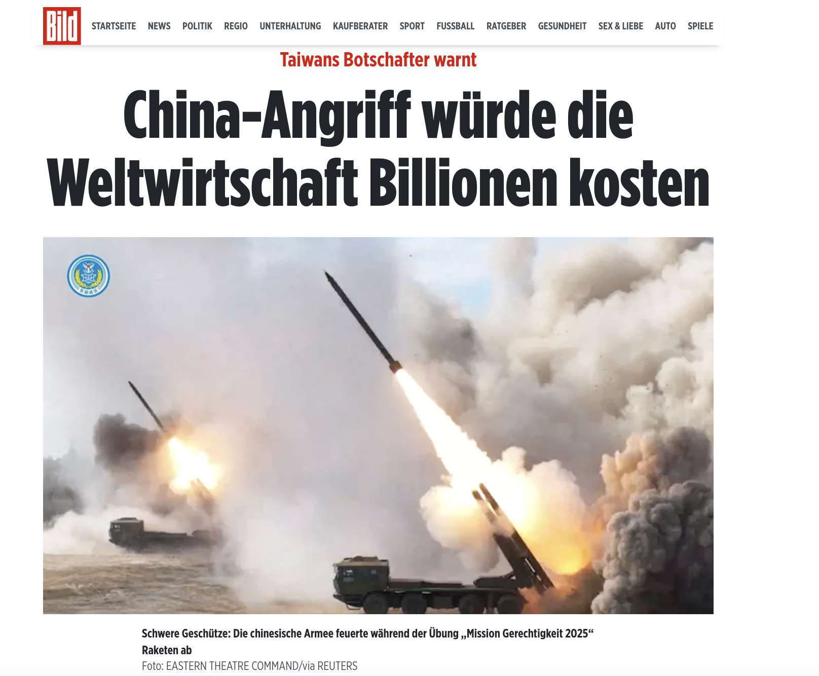 我駐德大使谷瑞生投書德國發行量最大的「畫報」（Bild），強烈抨擊中共對台軍演，該報也做了報導。圖：截圖自「畫報」（Bild）官網