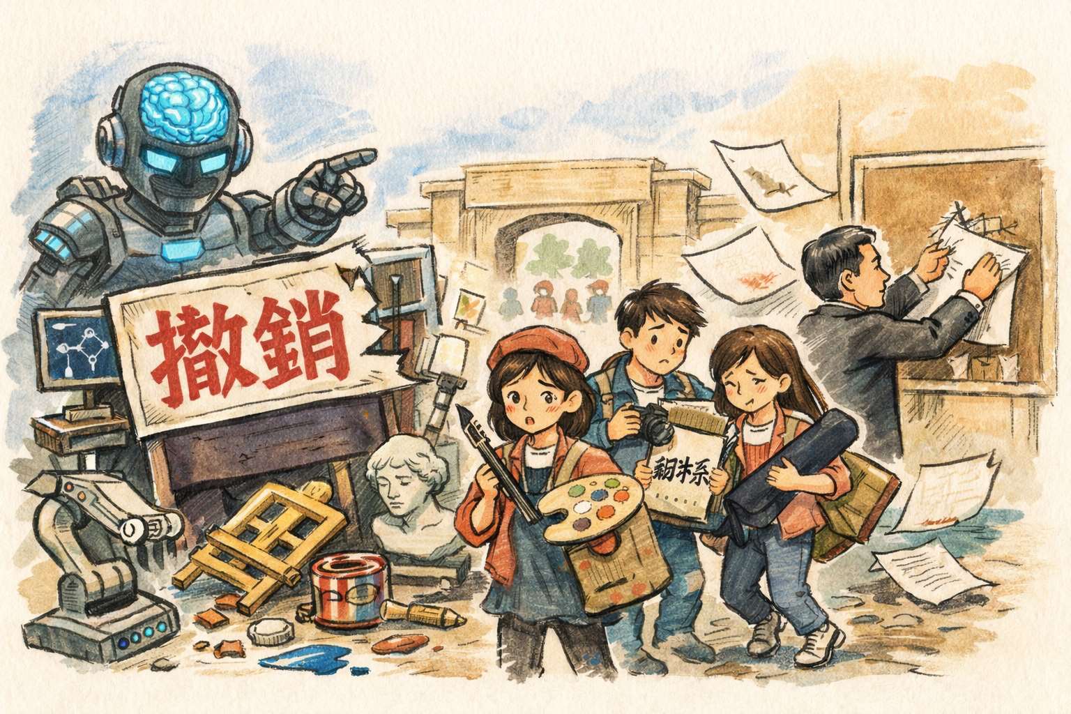 中國多所大學近來陸續宣布停招甚至撤銷被認為趨冷門的科系，其中不少科系與藝術相關。(AI生成圖)