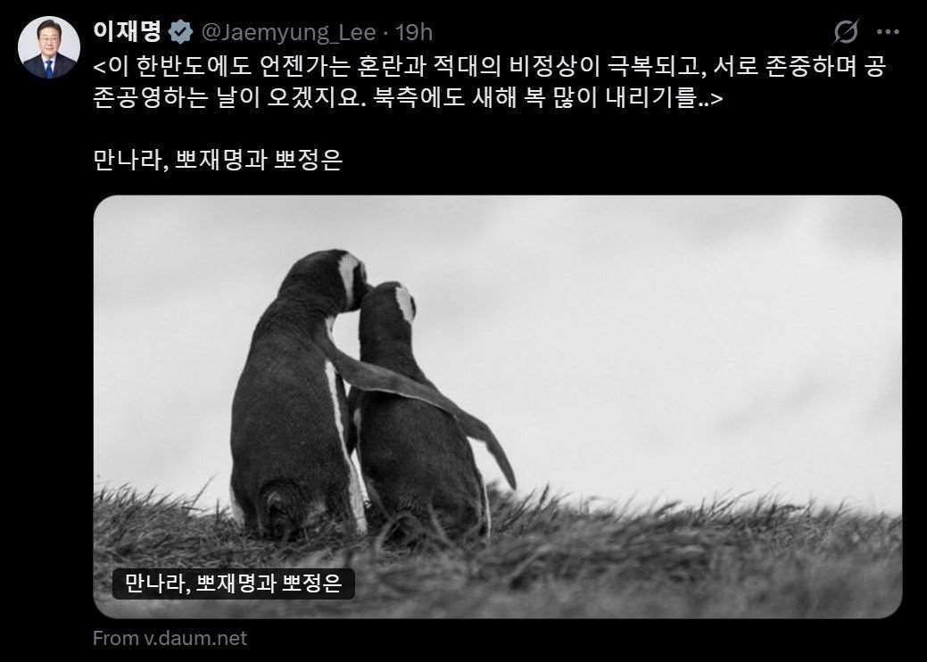 南韓總統李在明結束訪中行程，X平台貼企鵝照盼與北韓領導人金正恩會面。 (圖:X@Jaemyung_Lee)