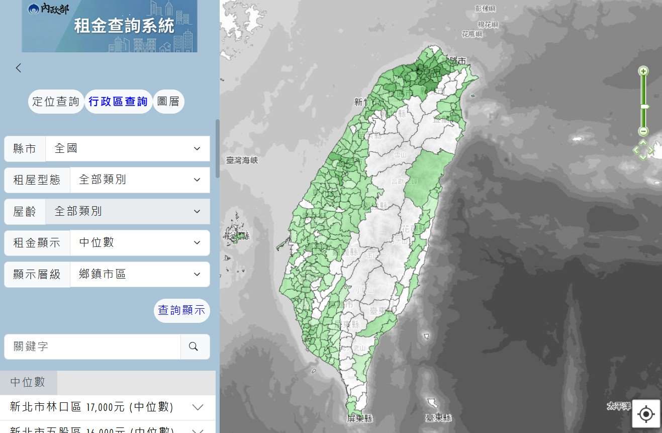 內政部推出「租金查詢平台」，將數據轉為地圖模式，民眾可需求查詢周邊租金資訊。(翻攝內政部租金查詢平台)