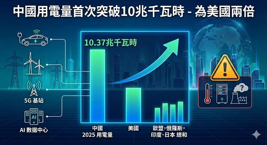 中國用電量首次突破10兆千瓦時　為美國兩倍(AI生成圖)