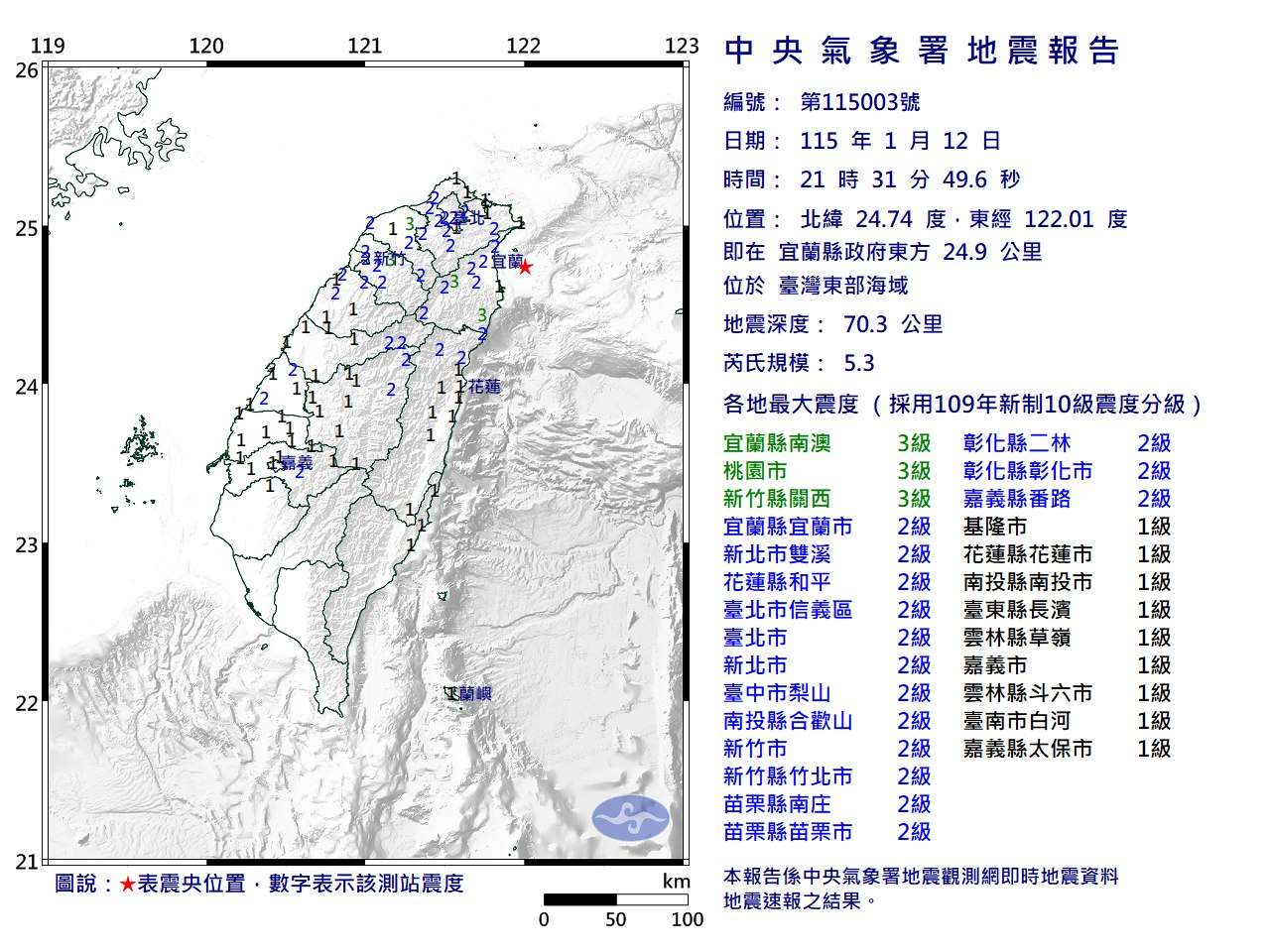 台灣東部海域12日晚間9時31分發生芮氏規模5.3的地震。(圖：FB@報地震 - 中央氣象署)