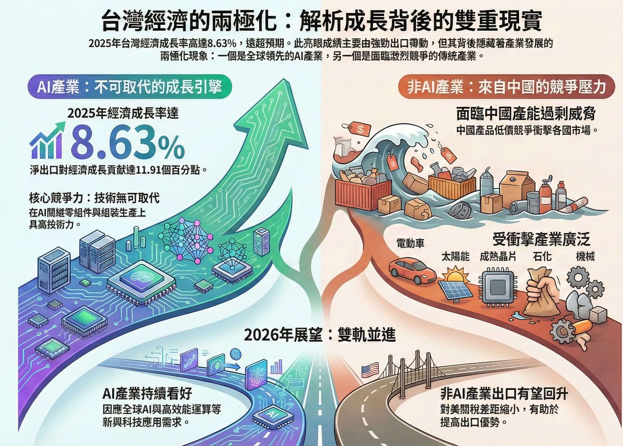 不可取代的產業競爭力是台灣經濟成長率持續創高的主因。(AI生成圖)

