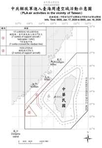 國防部公布自17日上午6時起至今天(18日)上午6時止，共軍在台海周邊活動情況。(國防部提供)