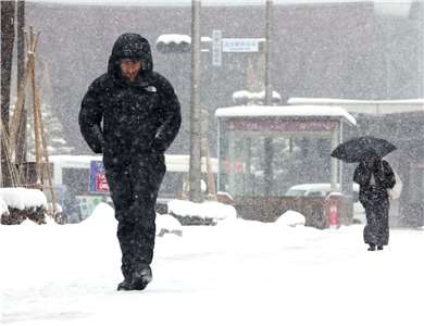 圖為日本石川縣金澤市民眾23日在積雪中行走。