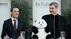 德國巴伐利亞邦總理居德（右）21日在慕尼黑海拉布倫動物園宣布，2028年將迎來兩頭中國大貓熊，並視其為巴伐利亞與中國友好象徵。
（海拉布倫動物園提供）