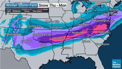 據估計冬季風暴傅恩(Winter Storm Fern)將席捲美國德州及北美大平原(Great Plains)地區。(圖:氣象頻道)