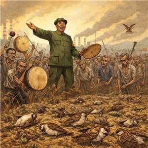 毛澤東推出除四害打麻雀運動，不僅殺光了麻雀，中國人也賠上幾千萬條生命。示意圖：AI生成