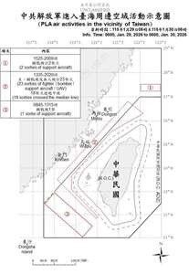 國軍於30日下午1時35分至晚間8時20分，在台灣海峽空域偵獲中共23架次主、輔戰機及無人機，其中18架次逾越海峽中線。(圖:國防部)