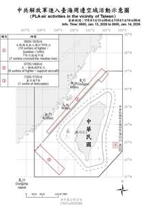 國防部公布自昨天(13 日)上午6時至今天(14日)上午6時，共軍在台海周邊活動情況。(國防部提供)