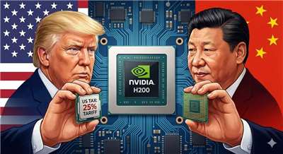 川普上個月表示，他和中國國家主席習近平達成了一項協議，允許美國晶片巨擘輝達向中國出口H200晶片，美國政府則可自銷售中抽成25%。(AI製圖)