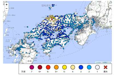日本島根發生規模6.4地震。(翻攝日本氣象廳)