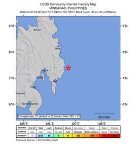 菲律賓南部近海今天(7日)發生規模6.4地震。(USGS)