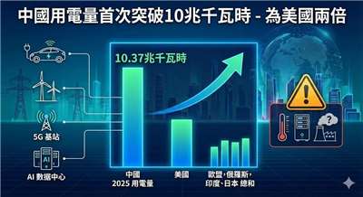 中國用電量首次突破10兆千瓦時　為美國兩倍(AI生成圖)