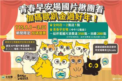 文化幣推結伴限定看早安場國片，鼓勵青少年結伴進電影院看「青春早安場」國片，就能賺進「消費滿350點回饋200點」的加碼優惠。(文化部提供)