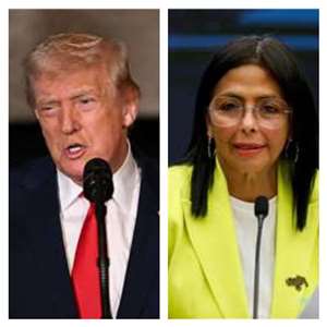 美國總統川普(左)和委內瑞拉代理總統羅德里格斯(Delcy Rodriguez)通話。(AFP∕路透社∕達志影像合成圖)