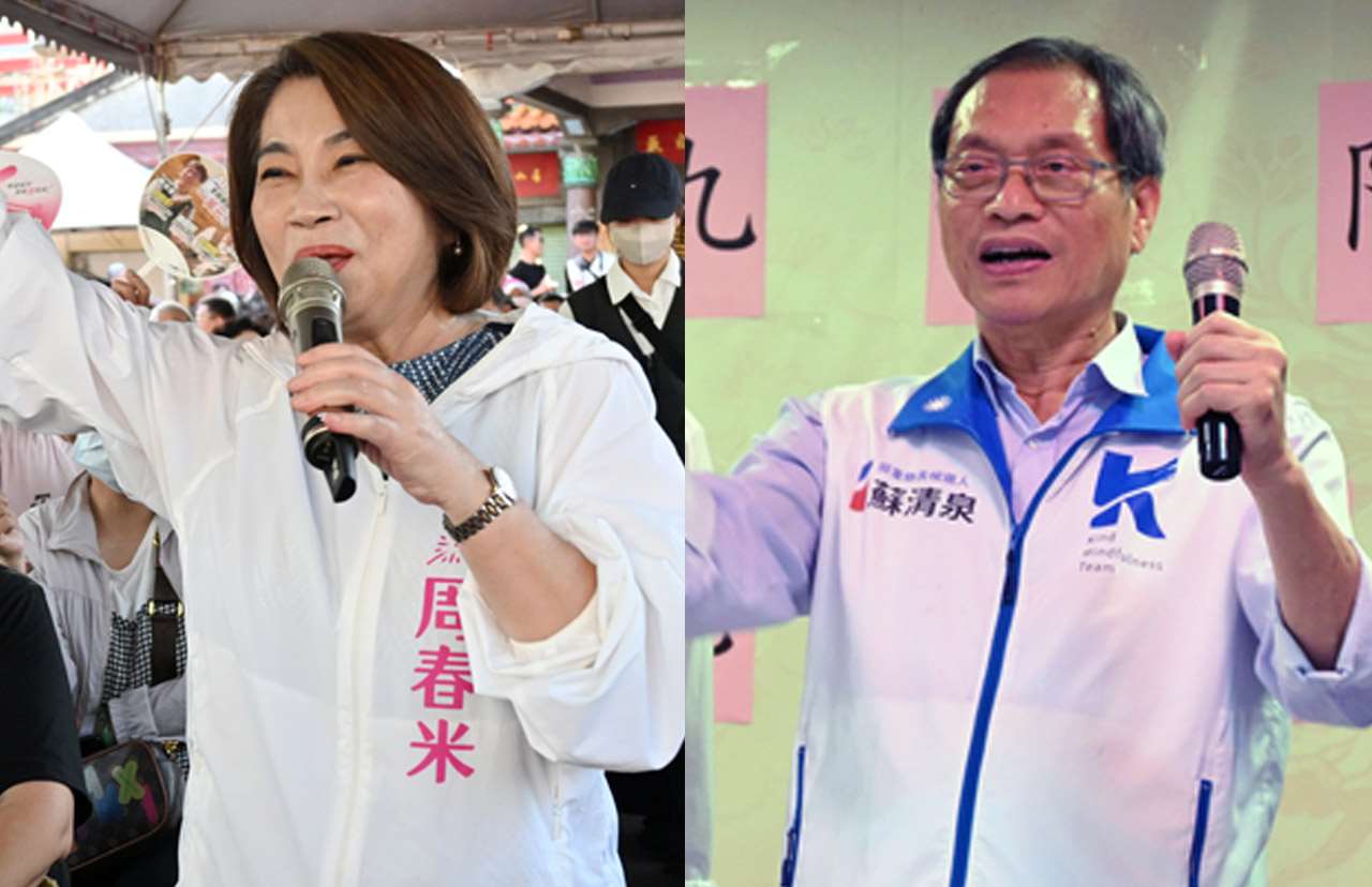 民進黨屏東縣長周春米(左)爭取連任，4日安排廟口行程，從「開講」變成「開唱」；國民黨屏東縣長參選人蘇清泉(右)也前進廟宇與民眾面對面。合成照。(圖：中央社)