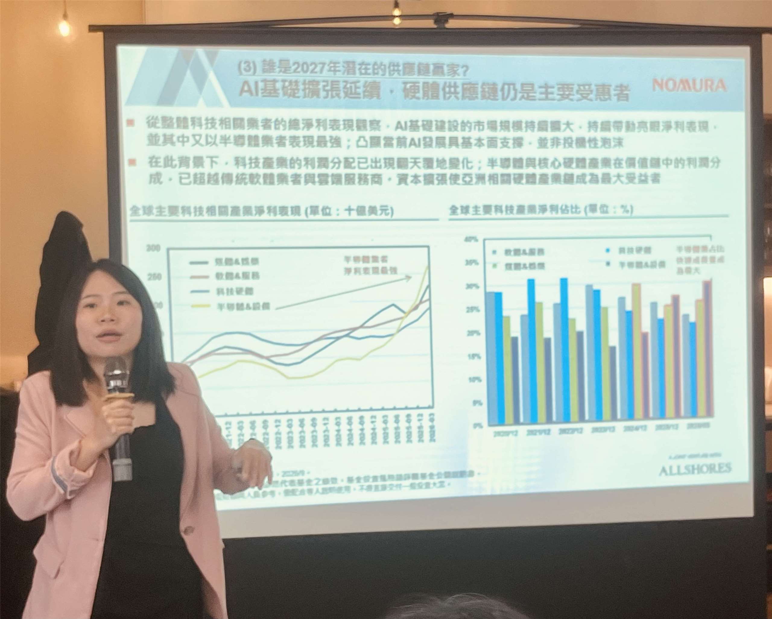 日系外資野村投信19日發表2027年總體經濟展望。野村投信投資策略部主管黃韻潔指出，美國資料中心建置近期雖出現干擾，但預期會在2028年迎來頂峰，預期2027、2028年AI供應鏈依然相當旺盛。(陳林幸虹 攝)