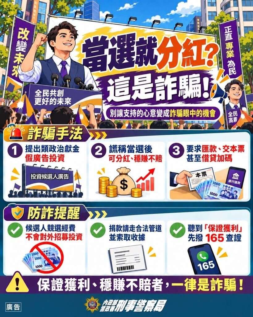警政署刑事局11日提醒，詐騙集團搶搭選舉熱潮，推「參選人政治廣告假投資」話術詐騙民眾，有名高雄車廠王姓老闆因此財損新台幣上百萬元。(刑事局提供)